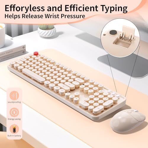 Wireless Keyboard Mouse, MOFII 104 Keys Cute Retro Typewriter Coffee - Image 6