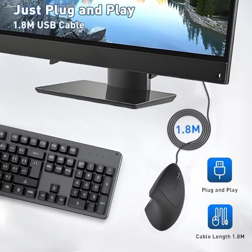 Wired Ergonomic Mouse, USB Wired Vertical Mouse with 800/1200/1600 Adjustable DPI, 6 Buttons Ergonomic Mouse for Laptop/PC/Desktop-Black - Image 4