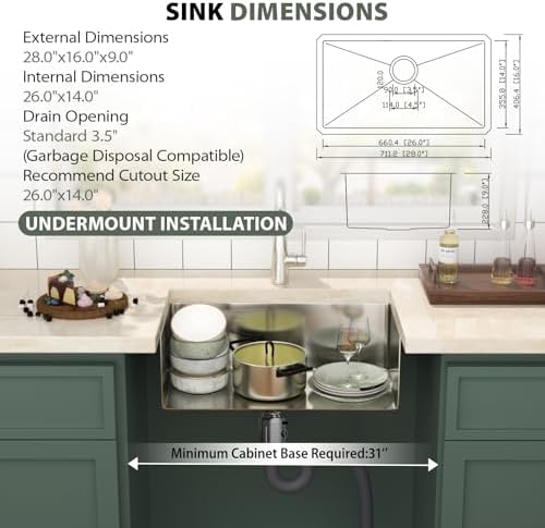Mocoloo 28 Inch Undermount Kitchen Sink - 28" x 16" T304 Stainless Steel Handmade Single Bowl Round Corner Under Counter 9" Deep Basin - Image 2