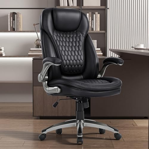 COLAMY Executive Office Chair-Ergonomic Computer Desk Chair, High Back Leather Chair with Padded Flip-up Arms, Swivel Home Office Chair, Black - Image 2