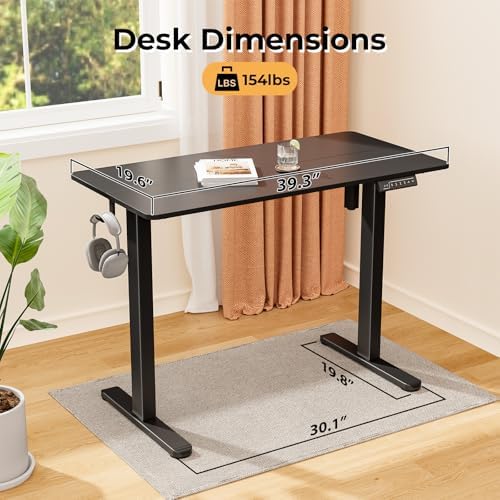 40" Electric Standing Desk, Black Standing Desk with 2 Hooks - Image 2