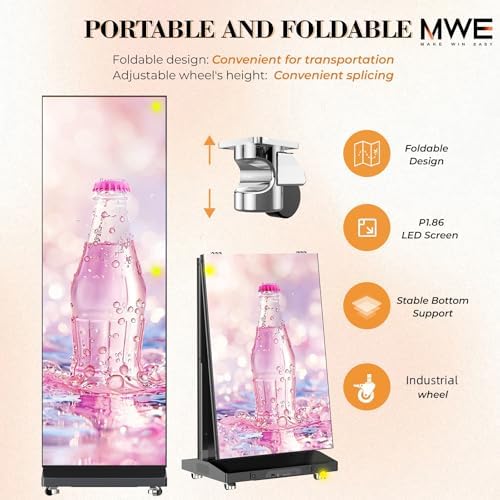 MWE P1.86 LED Poster Screen with Flight Case, 80" LED Digital Signage Display with Publishing System, Foldable Advertising Display Kiosk Video Wall for Events, WiFi/USB/HDMI (2 Panels) - Image 3