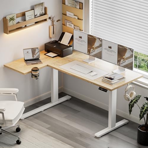 Muvai 59" L Shaped Standing Desk with Cable Tray, Reversible, Oak - Image 2
