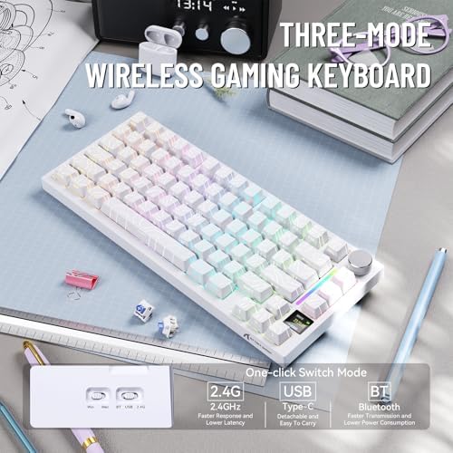 ATTACK SHARK X820 Ultra Wireless Mechanical Keyboard with TFT Smart Display&Knob,75% Bluetooth/2.4GHz/USB-C Wired Gaming Keyboard,Gasket-Mounted Linear Switch with Coiled Cable,for Win/Mac-White - Image 2
