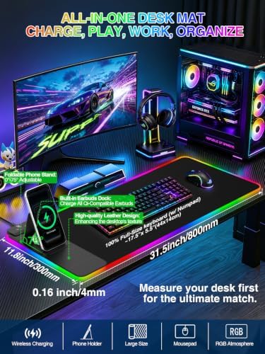 RGB Mouse Pad with Foldable Phone Stand & Wireless Charger, 31.5"x11.8" XL Gaming Mousepad Large Desk Mat, Desk Pad with Dual Charging for Phone & AirPods | 11 Colors & 5 Modes | Waterproof - Image 2