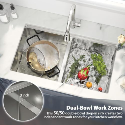 33 Double Bowl Kitchen Sink Undermount Stainless Steel Low Divide - Image 7