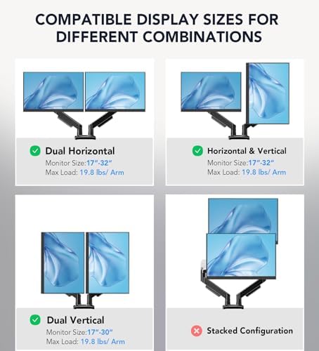 Dual Monitor Stand, Adjustable Monitor Desk Mount for 17″–32″ Computer Screens, Full Motion VESA 75x75/100x100 with C-Clamp & Grommet Aluminum Base, Each Arm Holds 4.4 to 20 lbs AX09DB201 - Image 3