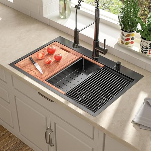 Lordear 33 Inch Black Drop in Kitchen Sink SUS304 16 Gauge Stainless Steel by LORDEAR