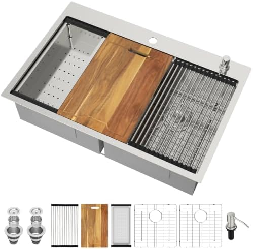 33 x 22 Drop In Kitchen Sink Double Bowl Stainless Steel Sinks Low Divide by Kichae