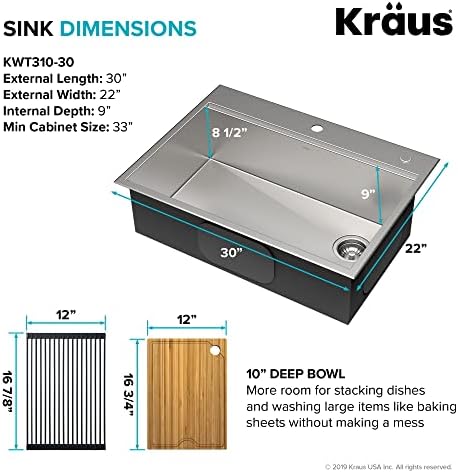 KRAUS Kore™ Workstation 30-inch Drop-In 16 Gauge Single Bowl Stainless Steel Kitchen Sink with Accessories (Pack of 5) with WasteGuard™ Continuous Feed Garbage Disposal, KWT310-30-100-75MB - Image 5