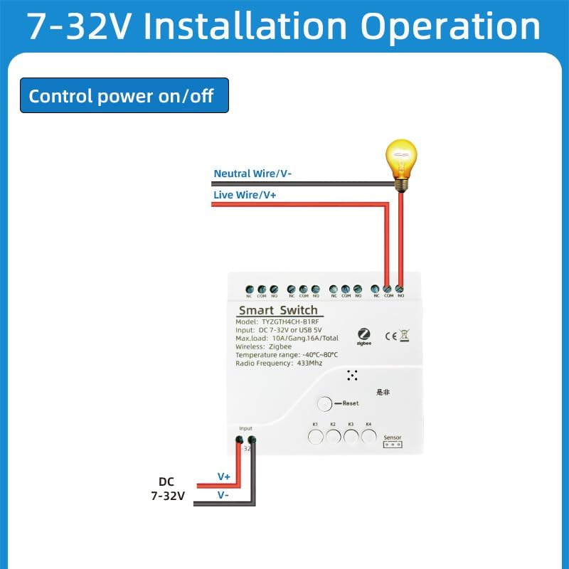 Zigbee Temperature Monitor Controller,4 Channel 12V Tuya app Remote Dry Contact Smart Relay Switch with Waterproof Temperature Sensor Probe(Tuya Zigbee hub needed) - Image 3
