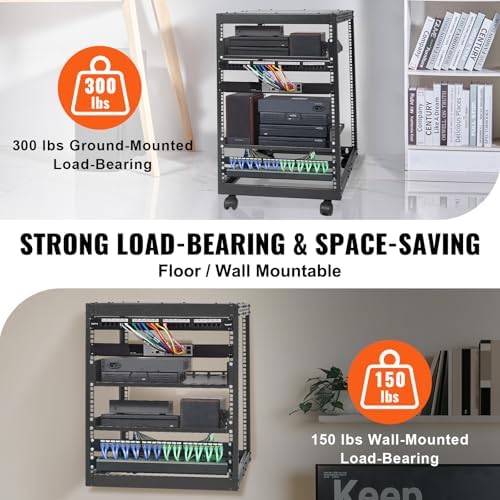 VEVOR 15U Open Frame Server Rack, 23''-40'' Adjustable Depth, Free Standing or Wall Mount Network Server Rack, 4 Post AV Rack with Casters, Holds All Your Networking IT Equipment AV Gear Router Modem - Image 3