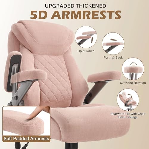 600LBS Large Big and Tall Office Chair, Heavy Duty Wide Ergonomic Gaming Office Chair with 5D Flip Arms, Comfy Fabric Executive Office Desk Chair, Extra Wide Padded Seat, Adjustable Lumbar, Pink - Image 4