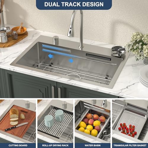 Lordear 31 Drop Kitchen Sink with Faucet Combo - 31"x20" Waterfall Kitchen Sink Workstation Stainless Steel 16 Gauge Single Bowl Topmount Handmade Sinks with Pull Out Faucet - Image 5
