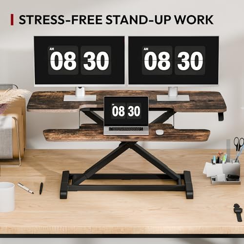 SANODESK 42" Extra Large Standing Desk Converter, Effortless Lift Sit-Stand Riser, Heavy Duty Multi-Device Workstation, Spacious Ergonomic Desktop Riser, Rustic Brown - Image 7