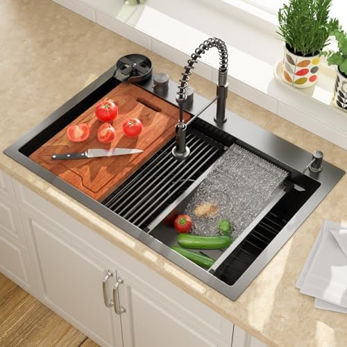 Lordear 33 Drop In Kitchen Sink with Faucet 33x22 Inch Black Waterfall Kitchen Sinks Topmount Stainless Steel 16 Gauge Single Bowl Workstation Kitchen Sink With Faucet Combo - Image 2