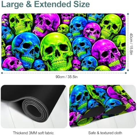 Halloween Colorful Skull Extended Gaming Mouse Pad 35.4"x15.7" Large Extended Pad Desk Mat Anti-Slip Rubber Base & Durable Stitched Edges for Gamers Smooth Mouse Pad Writing Surface - Image 2
