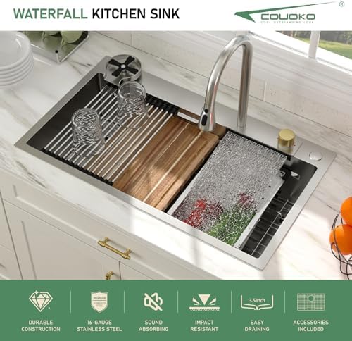 33 Inch Drop In Workstation Waterfall Kitchen Sink with Accessories - Image 3
