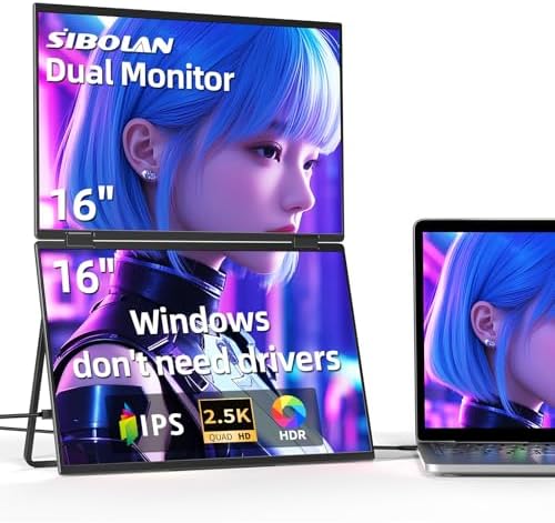 16" 2.5K Dual Portable Monitor, 2560×1600 100% sRGB Foldable Triple Laptop Screen Extender, USB C, HDMI, Plug & Play, Dual Monitor for Laptop, Mac, Windows by sibolan
