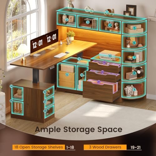 SEDETA 59" L Shaped Standing Desk with 3 Drawers Storage and Bookshelves - Image 4