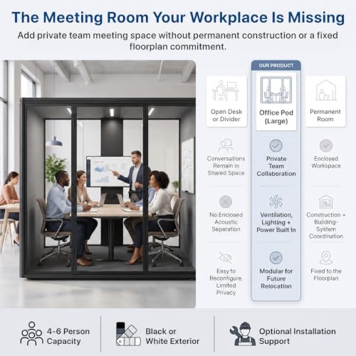 Uncaged Ergonomics Large Office Pod, 6-Person Acoustic Office Phone Booth with Ventilation, LED Lighting and Power, Black - Image 4