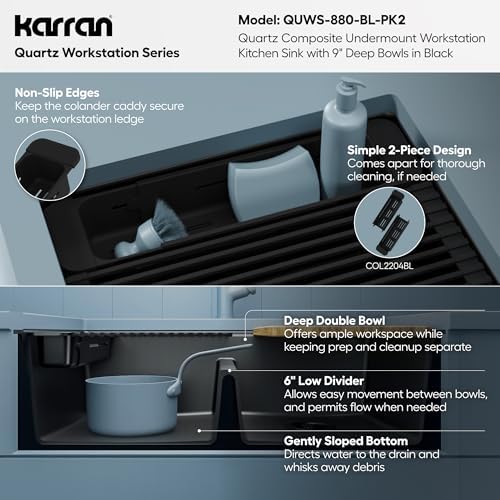 Karran 32.5 Inch Undermount Quartz Composite Workstation Kitchen Sink, 50/50 Double Bowl Low Divide with Color Matched Accessories, Cutting Board, Drying Mat, Colander & Strainers Black - Image 6