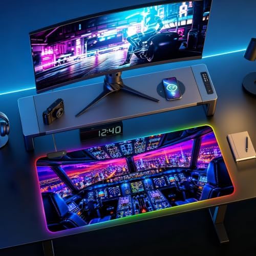 Aircraft Cockpit RGB Gaming Mouse Pad Large Extended Desk Mat 35.4 x 15.7 inch LED Glowing Mousepad Light Up Keyboard Pad Non-Slip Rubber Base - Image 4