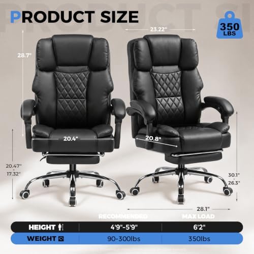 GTPLAYER Executive Office Chair Big and Tall Leather Gaming Chair with Pocket Spring Cushion & Ergonomic Lumbar Support for Lower Back Pain Relief, Comfy Desk Chair with Footrest, Matte-Black - Image 2
