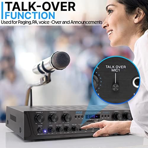 Pyle Home Audio Amplifier with Bluetooth - 6 Channel 600 Watt Peak Power, Karaoke with Echo, 2 Mic Input with Talkover, Headphone In, USB A MP3 Player with SD Reader - Home, Commercial, Worship - Image 5