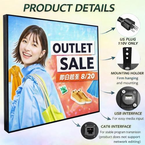 P4 Outdoor LED Sign Display 40x40 Inch, Full Color Programmable Digital Signage with WiFi & USB Control, 240x240 HD LED Video Screen for Storefront Advertising, Supports Video Images Scrolling Text - Image 2