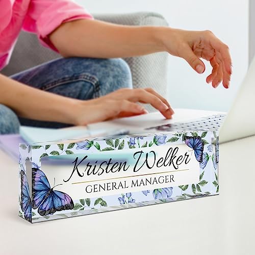 Personalized Office Name Plate for Desk - Custom Employee Appreciation Gifts - Acrylic Desk Name Plate Personalized - Staff Appreciation Gift for Teacher, Coworker, Nurse, Manager (Blue Butterfly) - Image 3