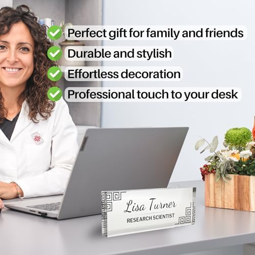Customized Clear Acrylic Thick 8x3" Desk Name Plate Block with Personalized Logo - Professional Office Decor - Customized Acrylic Plate Gift for Teacher Co-workers (Greek Key Corners) - Image 5