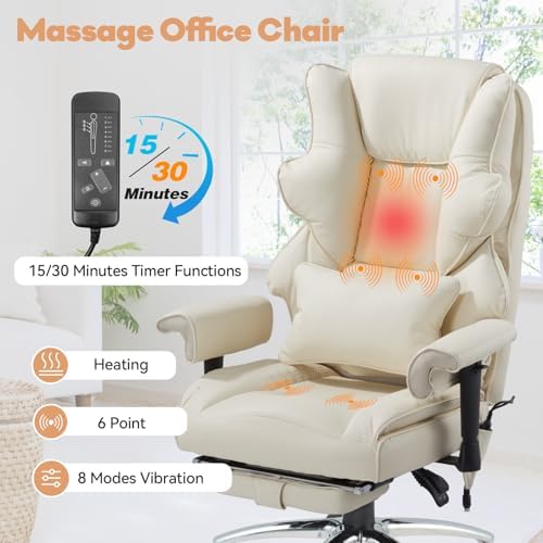 Vibration Massage Heated Office Desk Chair with Foot Rest, Beige - Image 5