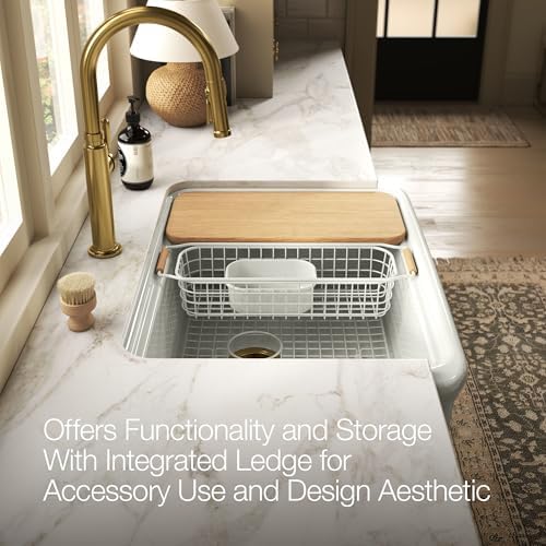 Kohler K-36251-PC Audrine by Studio McGee 32-1/2" Farmhouse Workstation Single Basin Fireclay Kitchen Sink with Basin Rack, Colander and Cutting Board - Image 6