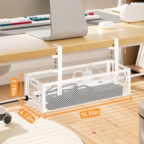 Under Desk Cable Management Tray, 15.7'' No Drill Steel Desk Cable Organizers, Wire Management Tray Cable Management Rack (1 Pack-White) - Image 7