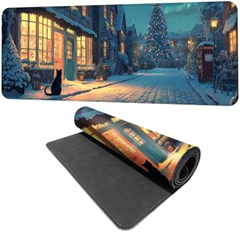 Christmas Winter Village Mouse Pad – 31.5" x 11.8" Large Extended Desk Mat with Black Cat and Christmas Tree Scene – Cozy Holiday Design, Non-Slip Base, Smooth Surface for Home & Office by THISFIND