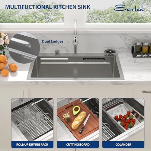 Sarlai 33 Inch Waterfall Kitchen Sink - 33x22 Inch Drop In Kitchen Sink Ledge Workstation Topmount Multifuctional Smart Stainless Steel 16 Guage Single Bowl Sinks Basin with Faucet - Image 6