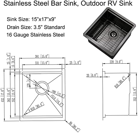 Black Undermount Bar Sink, 15 x 17 Inch - Image 7
