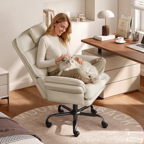 Bestier Cross Legged Office Chair with Headrest PU Leather Beige by Bestier