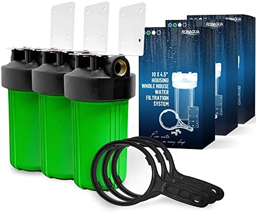 High Capacity 10 x 4.5” Whole House Filter Purifier System for Well or City Water, Presser Relief Button, 1” NPT Brass Port, Double O-Ring, Meets NSF Standards & Regulations (Green, 3 Sets) by Ronaqua