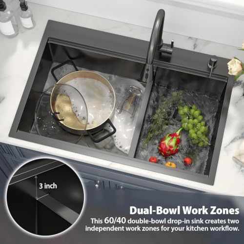 33 x 22 Black Kitchen Sink Drop In Stainless Double Bowl Workstation - Image 5