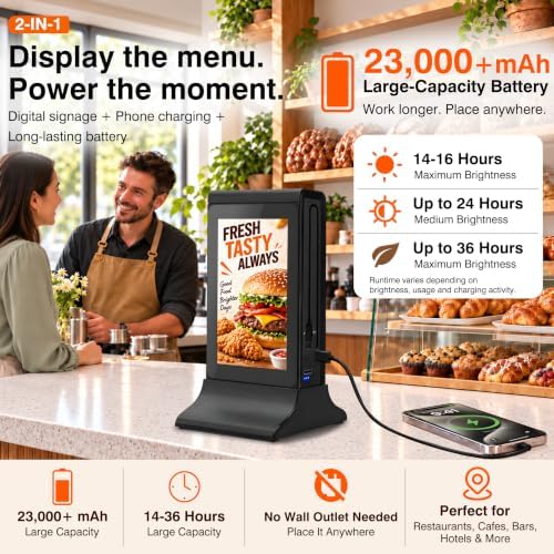 7 Inch Tabletop Digital Signage Display, Android Touchscreen Digital Menu Board with WiFi CMS, Battery-Powered Countertop Display with Phone Charging for Restaurants, Cafes, Bars & Hotels - Image 3