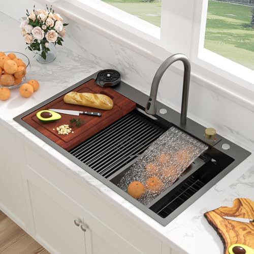 Sarlai 36 Inch Waterfall Kitchen Sink Workstation - 36x22 Black Waterfall Drop In Sink Stainless Steel 16 Gauge Sink Multifunction Single Bowl Smart Top Mount Kitchen Sinks with Faucet Combo by Sarlai