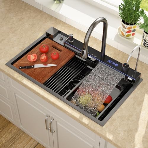 Lordear 33 Inch Black Drop In Smart Kitchen Sink with Waterfall Faucet - Image 2