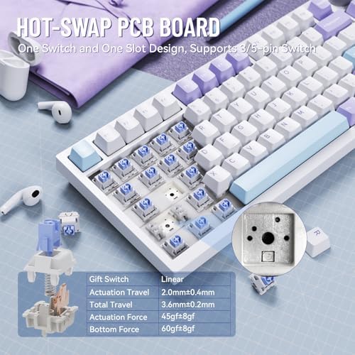 MAMBASNAKE Attack Shark X820 Ultra Wireless Mechanical Keyboard with TFT Smart Display&Knob,75% Bluetooth/2.4GHz/USB-C Wired Gaming Keyboard,Gasket-Mounted Linear Switch,for Win/Mac-White Purple - Image 4