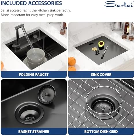 Sarlai Black Undermount Bar Sink With Foldable Faucet - 15x15 Inch Outdoor Black Kitchen Sink RV Workstation 16 Gauge Stainless Steel Single Bowl Handmade Outdoor BBQ Sinks with Lid - Image 6