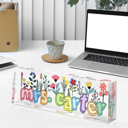 Custom Name Plate for Desk - Desk Name Plate Personalized - Acrylic Office Desk Accessories - Teacher Appreciation Gifts for Coworkers Employee Staff Boss - Office Decor for Women (Teacher Flowers) - Image 3
