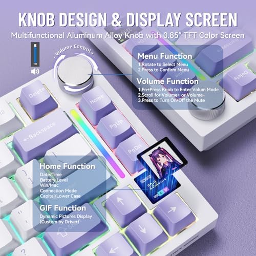 MAMBASNAKE Attack Shark X820 Ultra Wireless Mechanical Keyboard with TFT Smart Display&Knob,75% Bluetooth/2.4GHz/USB-C Wired Gaming Keyboard,Gasket-Mounted Linear Switch,for Win/Mac-White Purple - Image 3