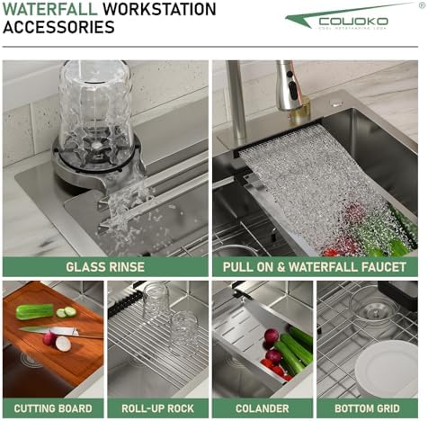 33x22 Drop In Workstation Waterfall Kitchen Sink with Accessories - Image 3