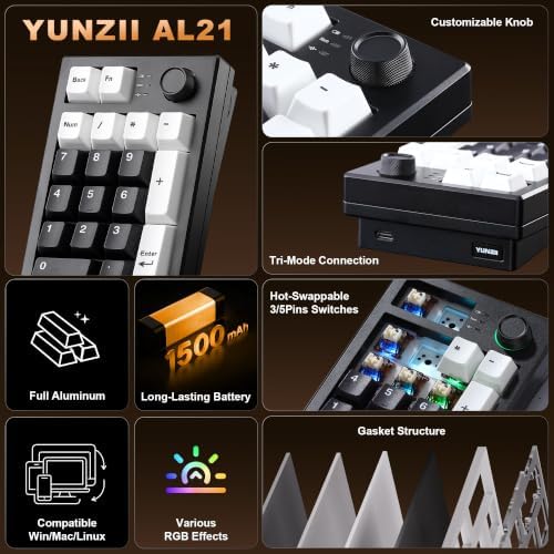 YUNZII AL21 Aluminum Wireless Number Pad (Black, Cocoa Cream V2 Switch) - Image 2